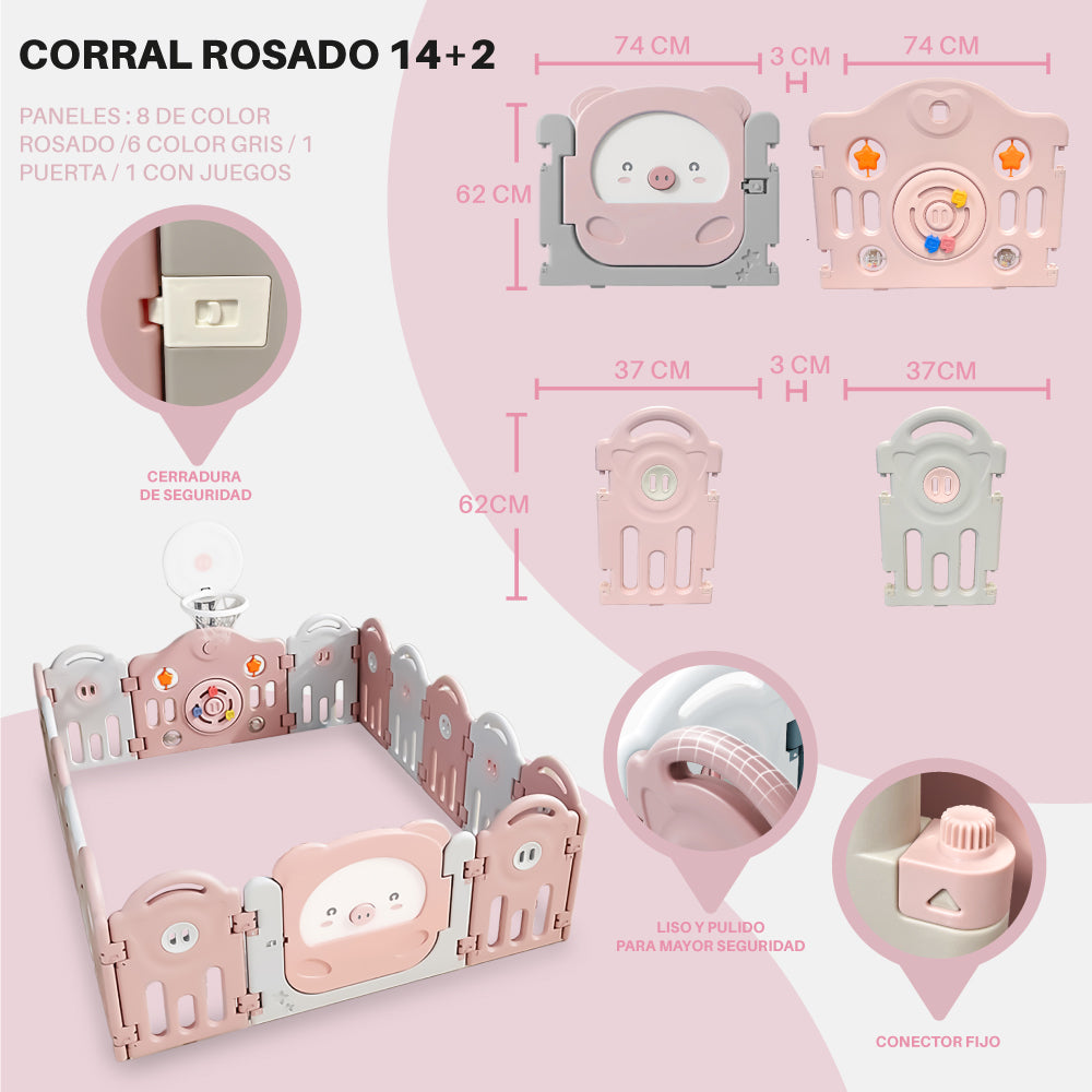 Corral para bebe Rosado modelo 14+2 paneles