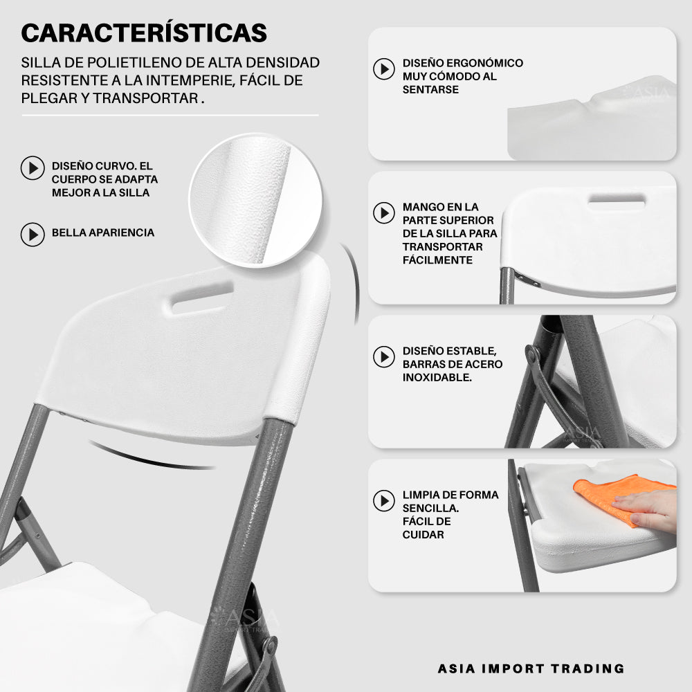 Pack 4 Sillas Blancas Plegables respaldo Liso