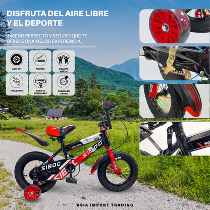 Bicicleta Infantil Aro 12 con Ruedas de Apoyo y Frenos Delanteros y Traseros - SIBOG