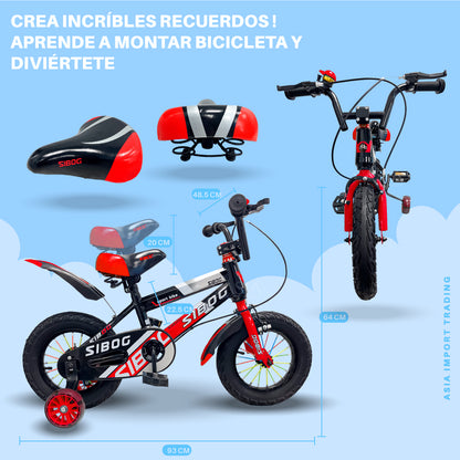 Bicicleta Infantil Aro 12 con Ruedas de Apoyo y Frenos Delanteros y Traseros - SIBOG