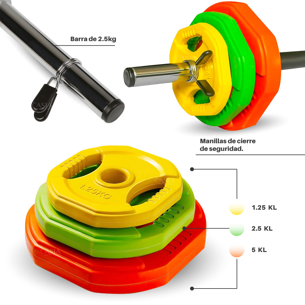 Set de Pesas 30k con barra y discos de colores