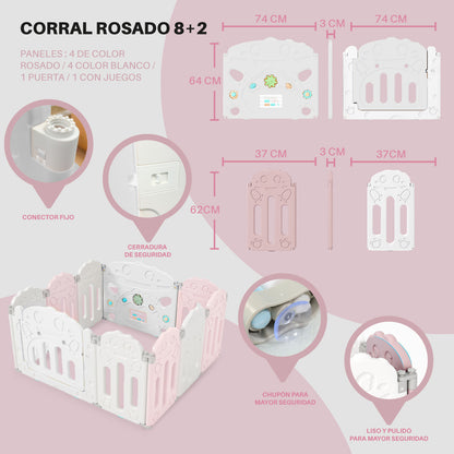 Corral para bebe modelo 8+2 paneles rosado