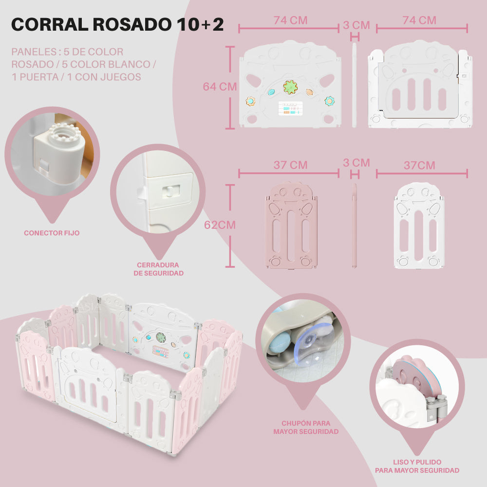 Corral para bebe modelo 10+2 paneles rosado