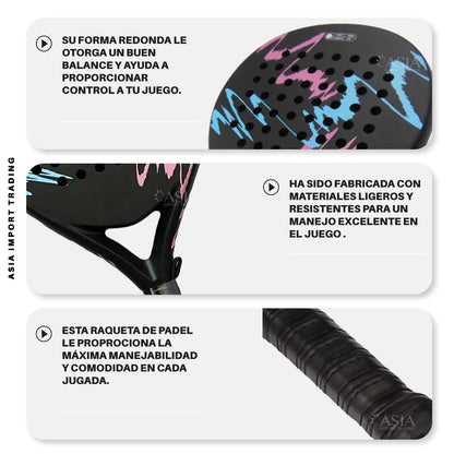 Pala de Pádel Black Edition con Funda –Diseño Vintage Pro Negra con Rosado