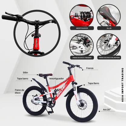 Bicicleta MTB Aro 20 Roja Doble Suspension