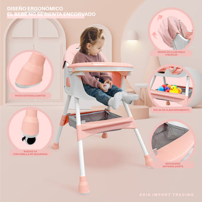 Silla de Comer Evolutiva 4 en 1 Kidstar Rosada – Ajustable, Plegable y Multifuncional