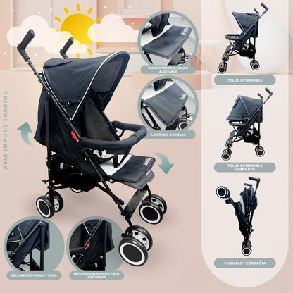 Coche Paseo Bebé Plegable Kidstar Azul Toldo Extensible