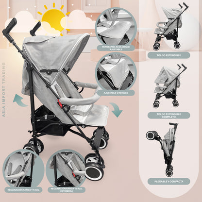 Coche Paseo Bebé Plegable Kidstar Gris Toldo Extensible