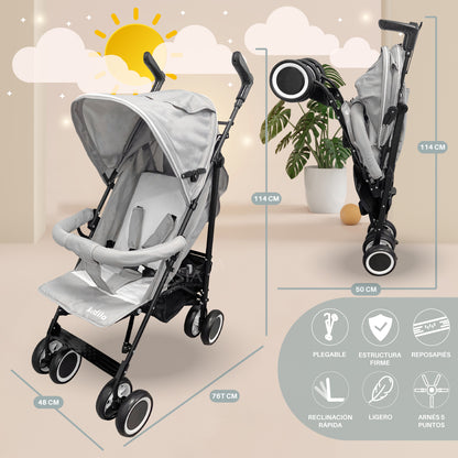Coche Paseo Bebé Plegable Kidstar Gris Toldo Extensible