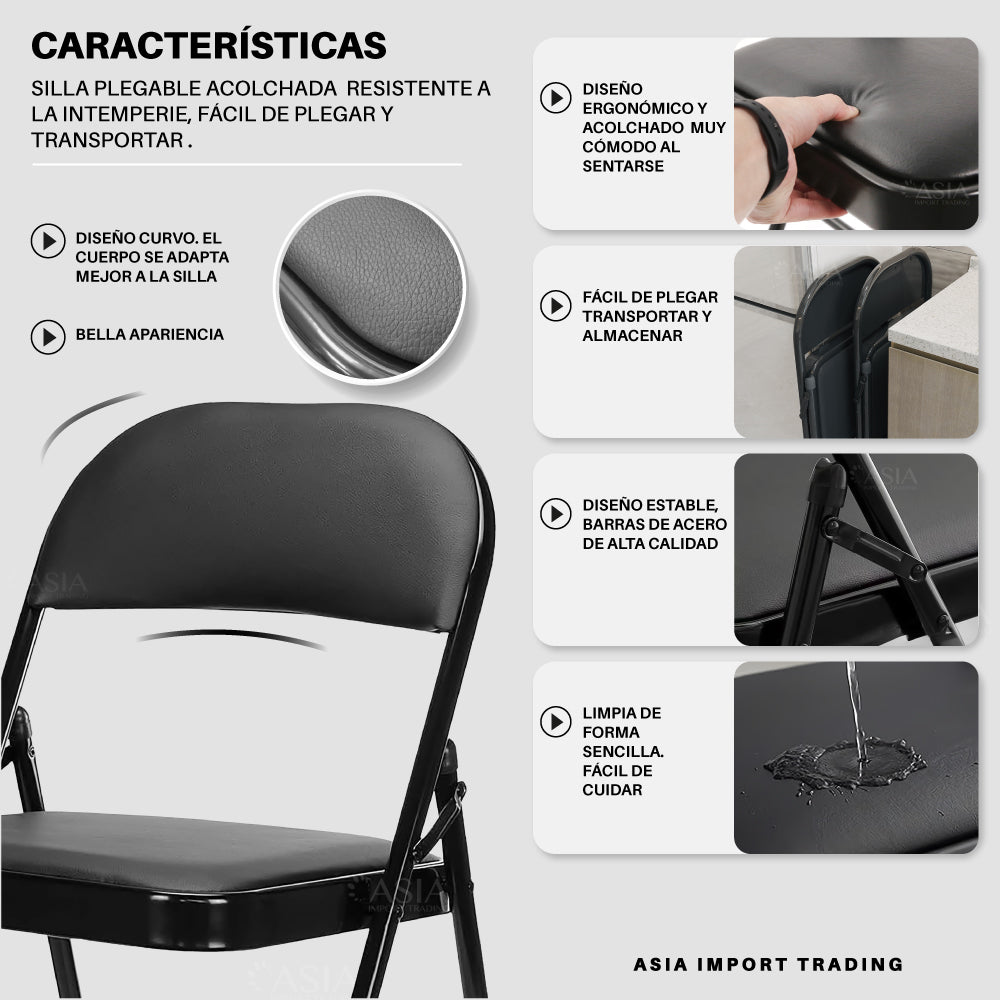 Silla Plegable WELL HOME - Asiento 39x39 Cm, Altura 43 Cm, Color Negro | Básica, Ideal Para Eventos, Visitas O Espacios Pequeños