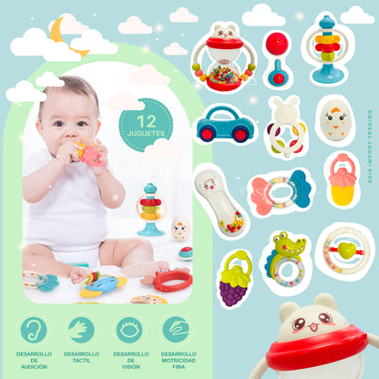 Set de 12 Juguetes Sonajeros para Bebé – Mordedores Sensoriales Multicolor desde 6 Meses | Kidstar